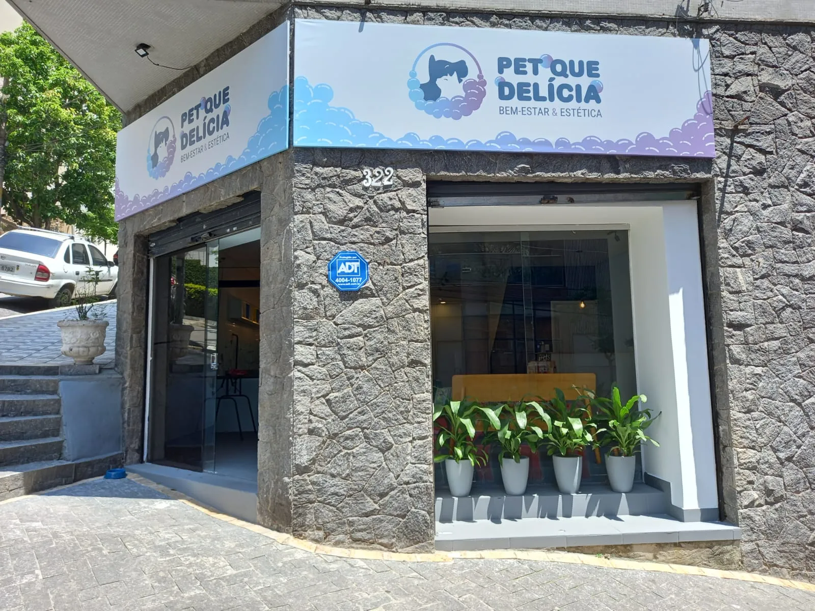 Fachada do Pet Que Delícia vista da calçada, com porta de vidro e letreiro Bem-estar e Estética